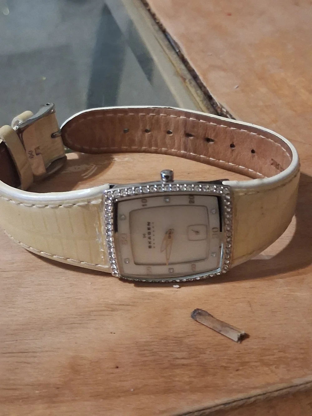 Skagen Silver Crystal-Trim Rectangular Watch with Cream Strap